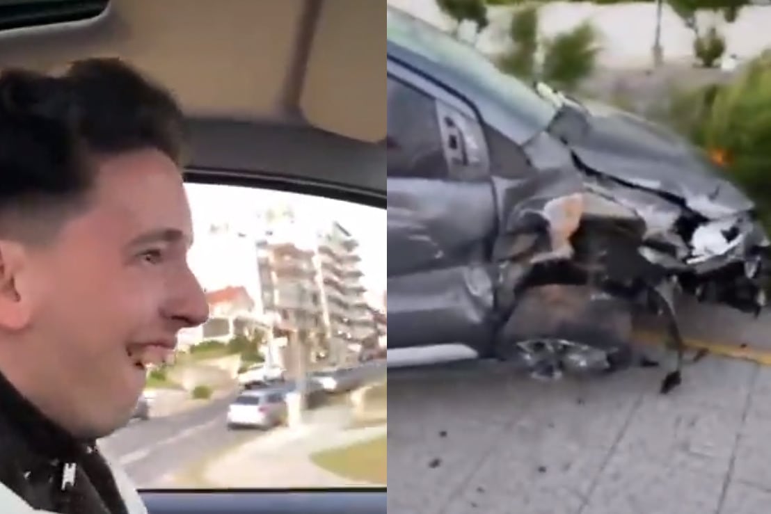 El conductor, segundos antes del choque. Así quedó el auto.