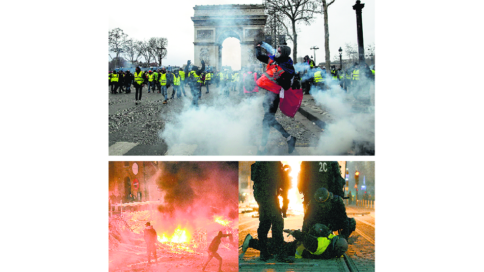 Chalecos amarillos en acción en el Arco del Triunfo y Toulouse (abajo izq.) y manifestante detenido en Bordeaux.