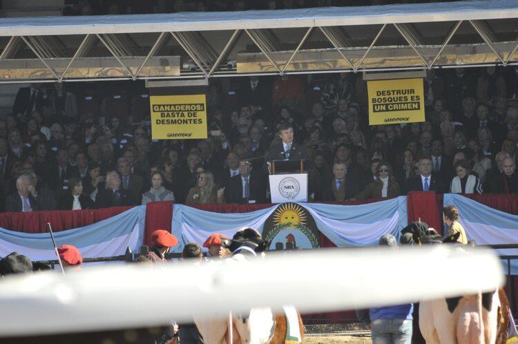 Pelegrina habla mientras se despliegan los afiches. 