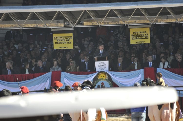 Pelegrina habla mientras se despliegan los afiches.