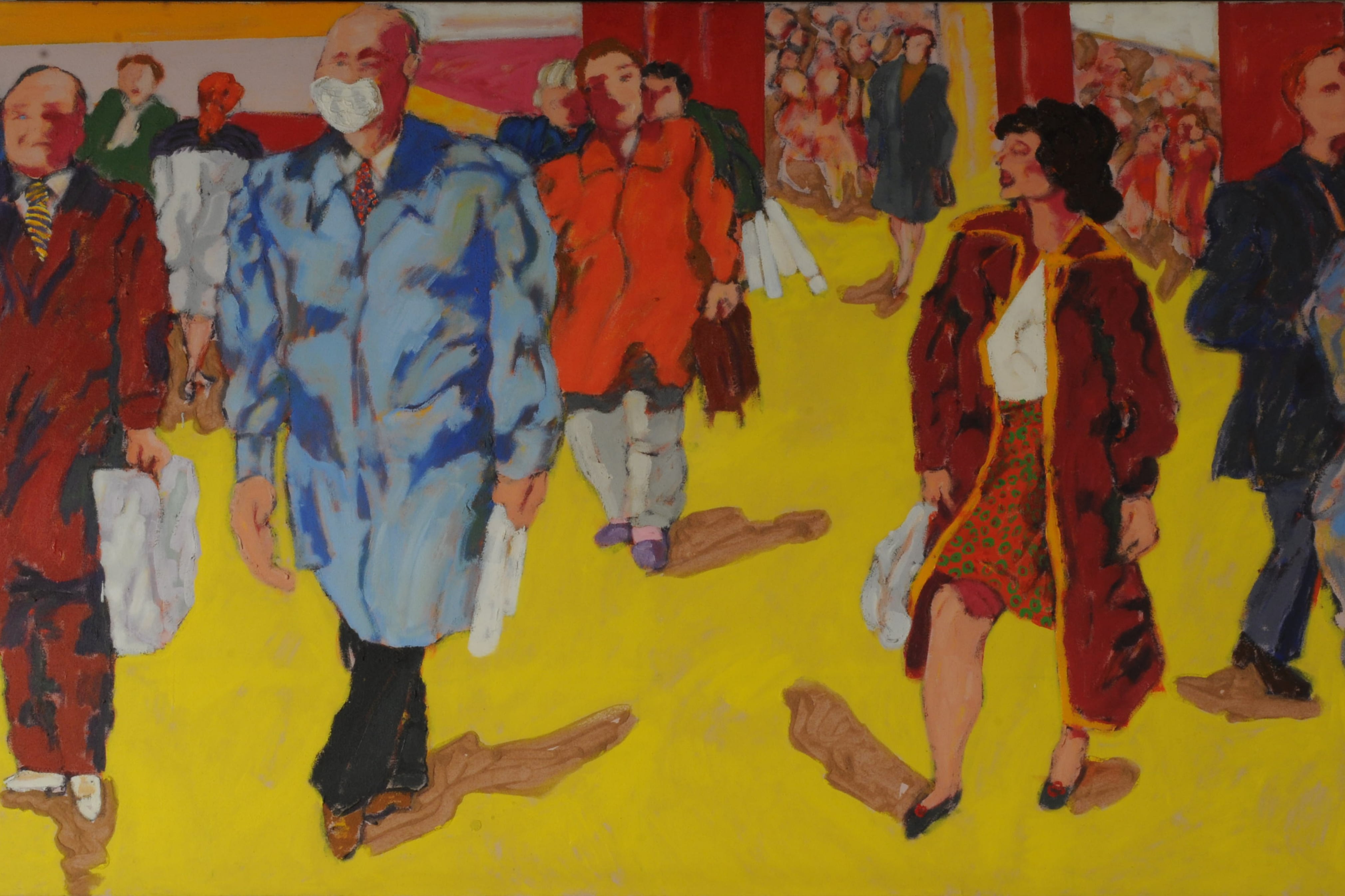 La muchacha entra en la ciudad, pintura de Gorriarena; 1990; 140x 265 cm. Colección MNBA. Abajo: "El palco", de Gorriarena; 1980; 150x200 cm. Colección MNBA.