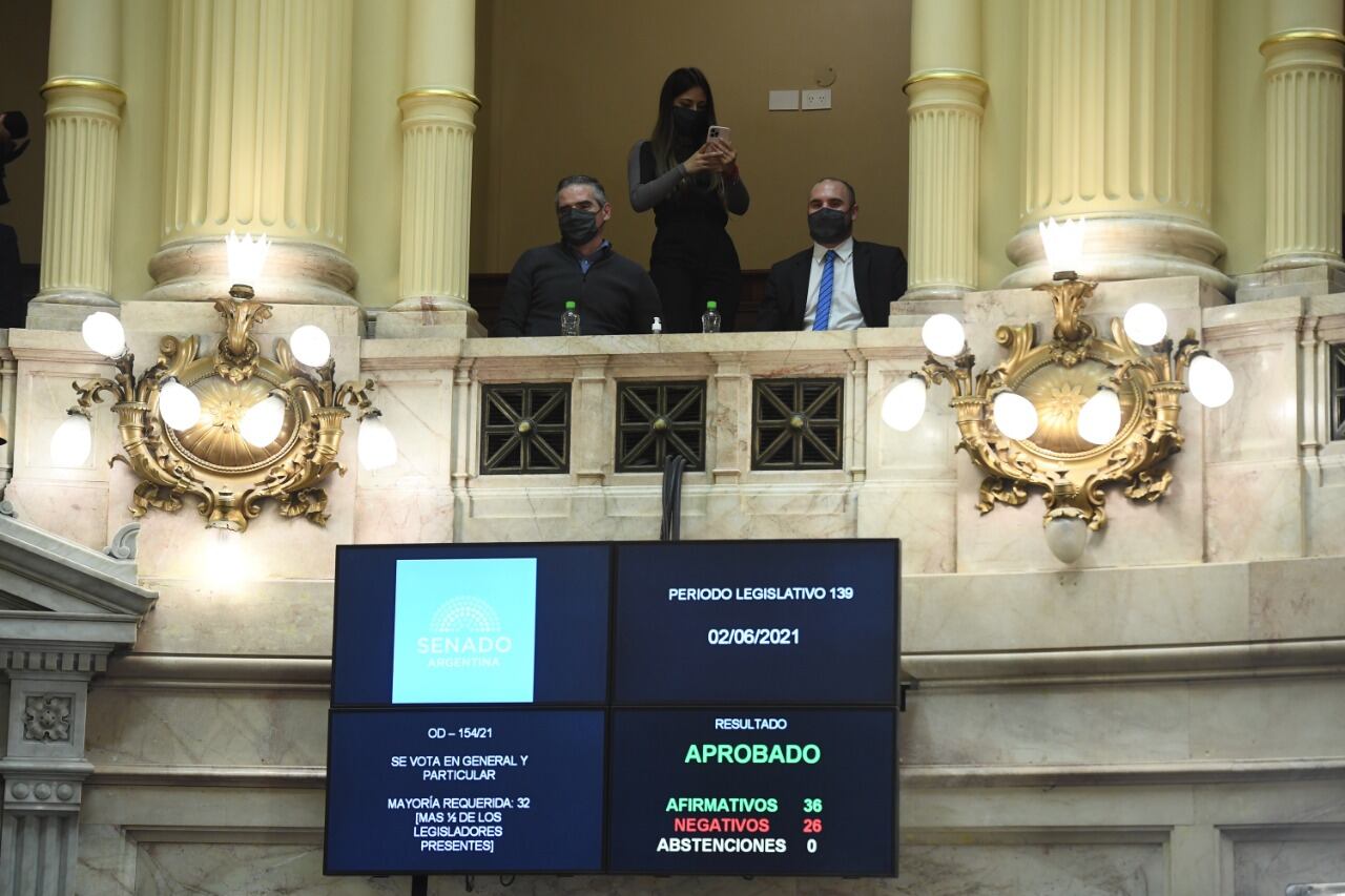 El ministro de Economía, Martín Guzmán, observó la votación en uno de los palcos de la Cámara alta