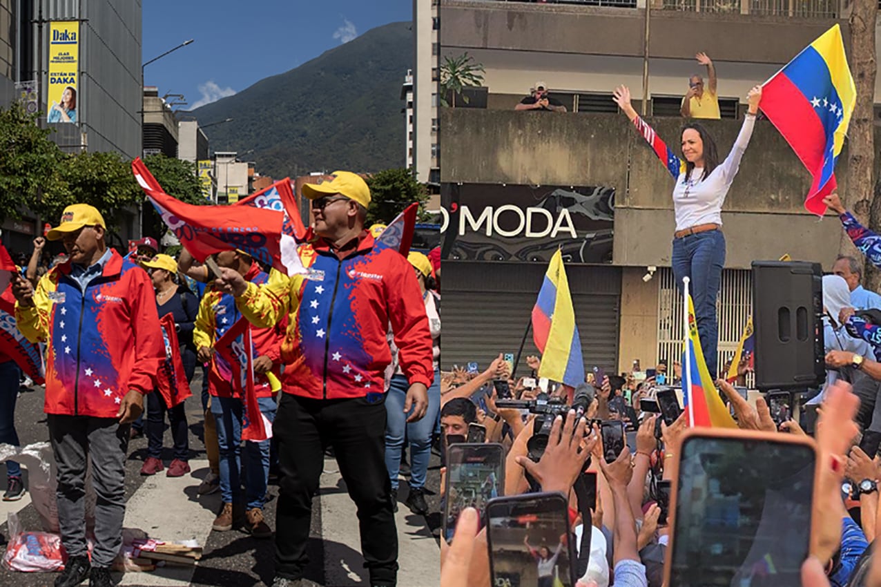 María Corina Machado 8der.) agita una bandera venezolana durante una protesta en  Caracas.