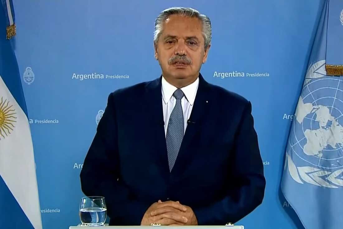 Alberto Fernández durante su discurso en forma remota en la ONU.