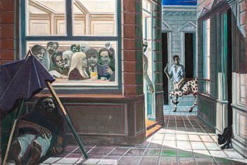 "Teoría y praxis en el bar", óleo sobre tela.