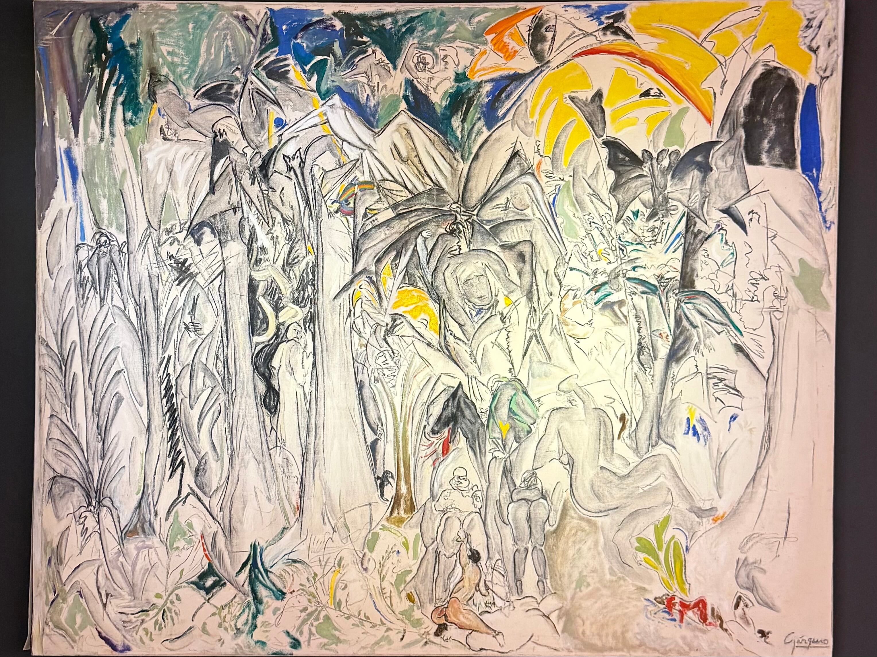 “Sendas perdidas”, carbonilla y temple sobre tela, 135 x 165 cm, de Germán Gárgano. Abajo: Vista parcial del núcleo de la exposición de Gárgano en el MNBA.