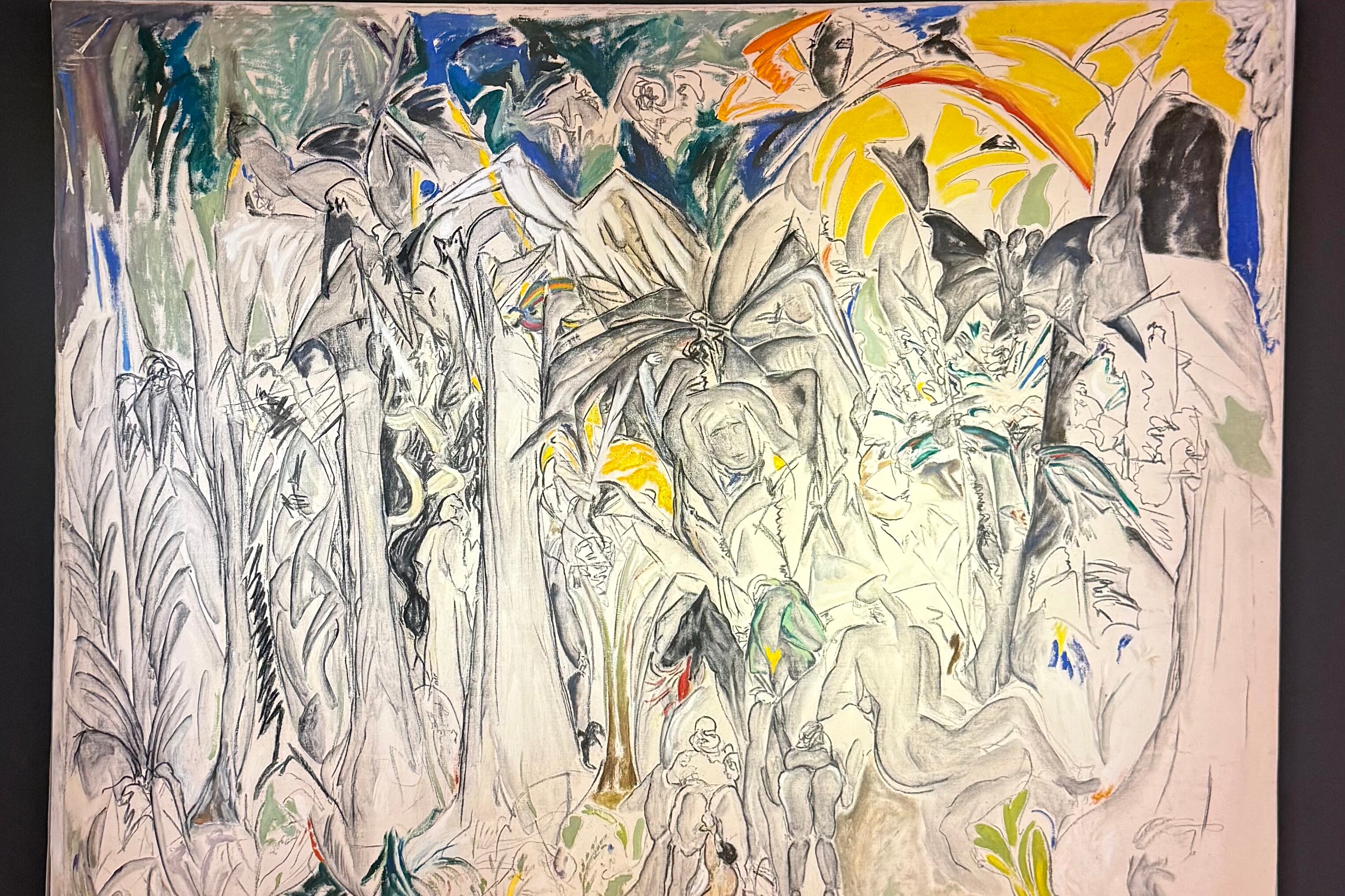 “Sendas perdidas”, carbonilla y temple sobre tela, 135 x 165 cm, de Germán Gárgano. Abajo: Vista parcial del núcleo de la exposición de Gárgano en el MNBA.