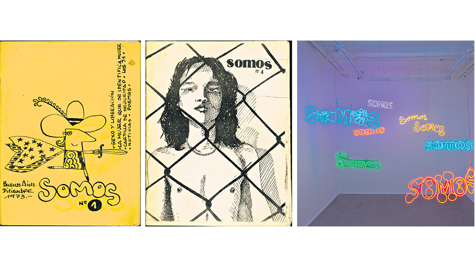 Dos portadas de la revista Somos de los 70 y una imagen de la muestra de Hernán Marina inspirada en la publicación del FLH.