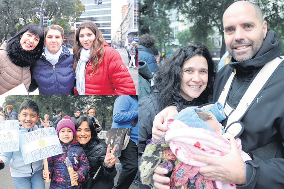 Rita con sus hijas Oriana y Ludmila, Emilce con Calixto y Lisandra, y Cristian y Juliana con su bebé, desafiaron el frío y fueron a la 9 de Julio.