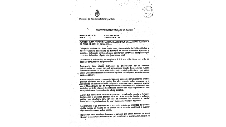 La minuta de abril de 2014 del ex vicecanciller Eduardo Zuaín.