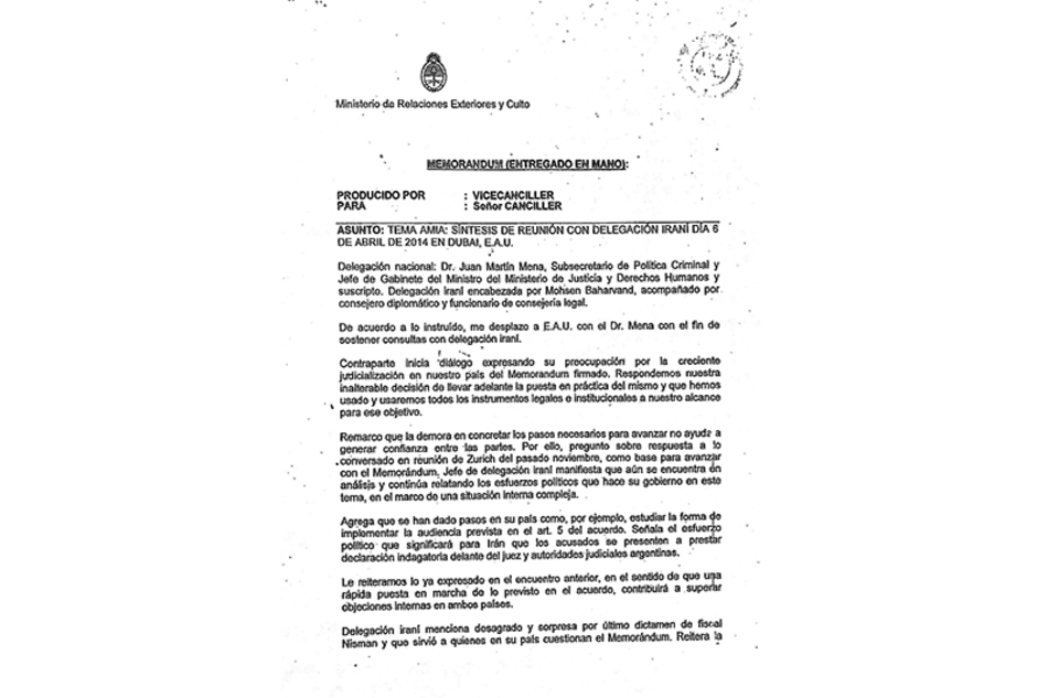 La minuta de abril de 2014 del ex vicecanciller Eduardo Zuaín.