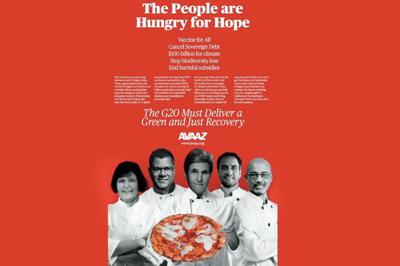El movimiento cívico y social Avaaz lanzará una campaña en las calles de Nápoles, en las redes sociales y en el diario Financial Times, llamando a los países ricos a reconocer su deuda ecológica.