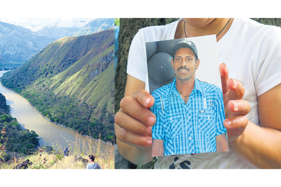 El río Cauca recorre la zona andina de Colombia; un familiar sostiene la foto de un desaparecido en Antioquía.