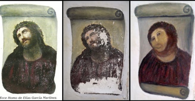 A la izquierda está la obra original de García Martínez, al centro la imágen visiblemente deteriorada, y a la derecha el resultado de  la intervención de Cecilia Giménez.