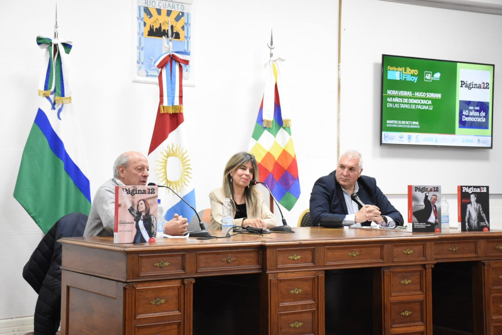 Soriani, Veiras y el moderador Guillermo Geremía: "Página hace un periodismo a veces mejor y a veces peor, pero siempre desde la convicción y la honestidad intelectual."