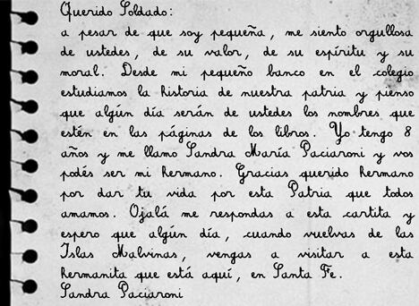Una carta enviada por una alumna de cuarto grado a un soldado desconocido.