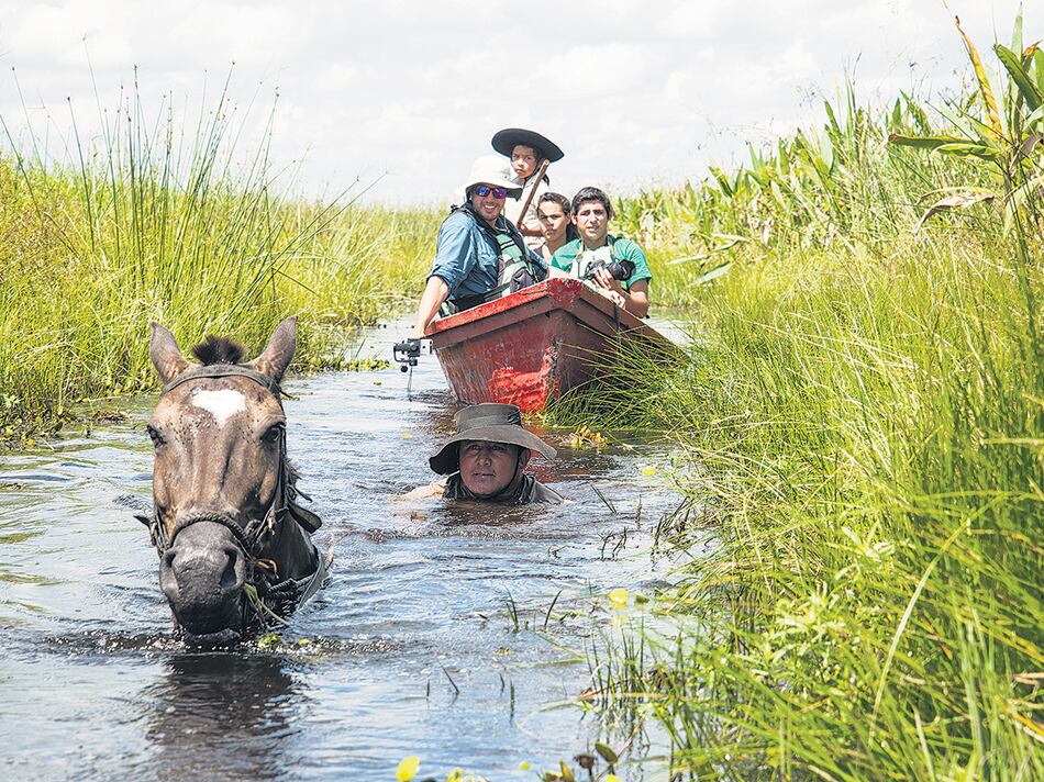 Chopé, isleño y guía baqueano, conduce una de las canoas cinchada a caballo.