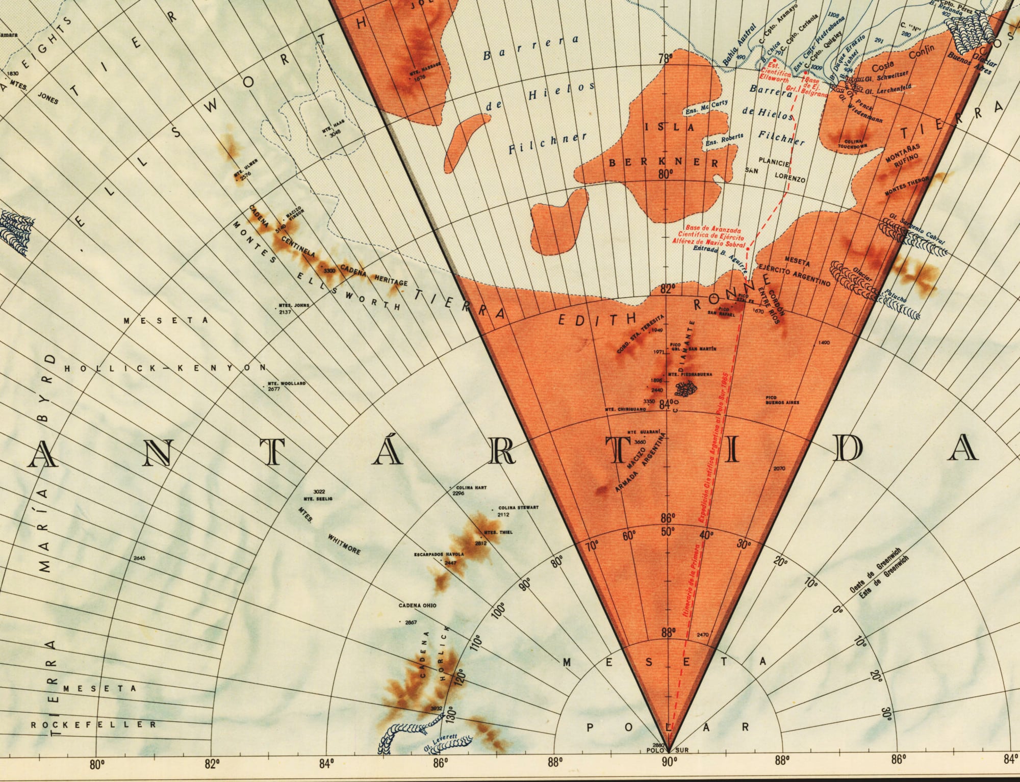 Mapa del IGM publicado en 1968 con la trayectoria de la expedición argentina al Polo Sur.