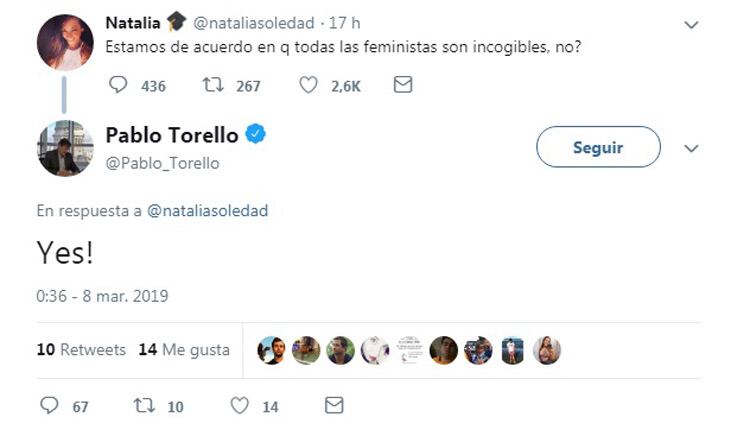 La respuesta de Torello en Twitter que generó indignación.