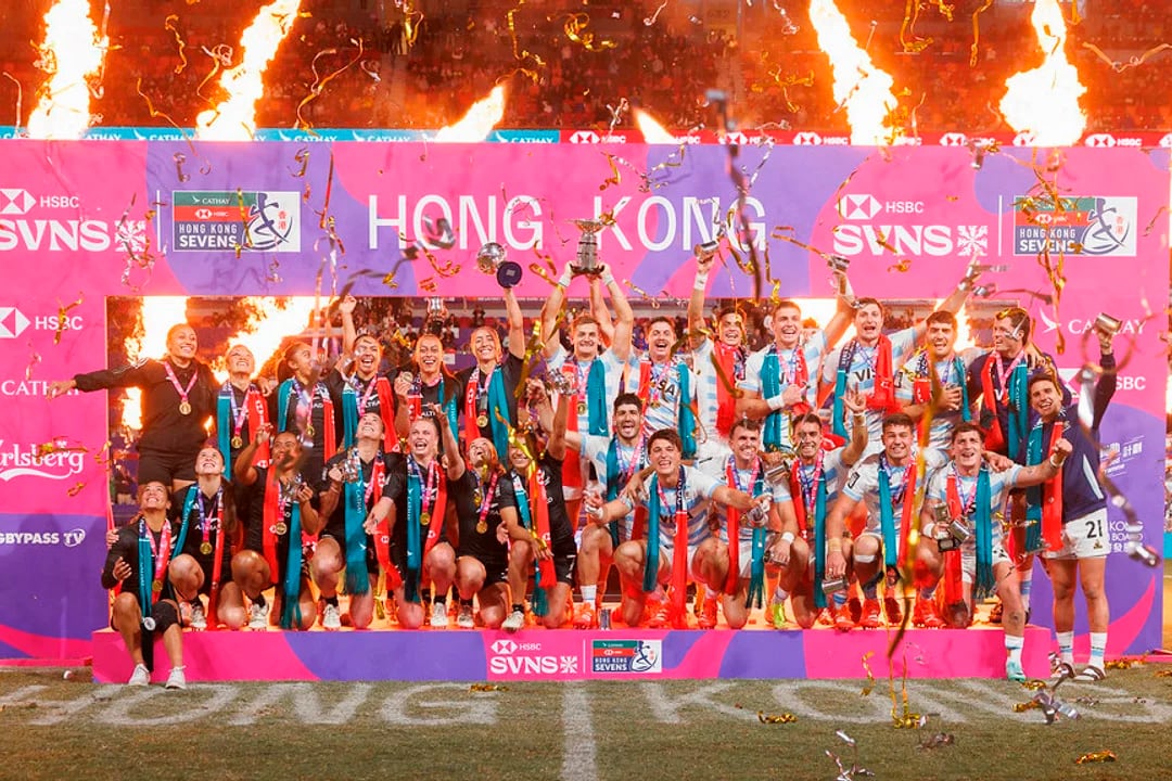 Festejo de Los Pumas 7s en Hong Kong