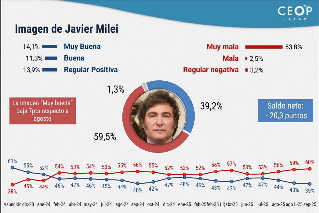 La imagen positiva de Javier Milei bajó a 39 por ciento, como nunca antes.