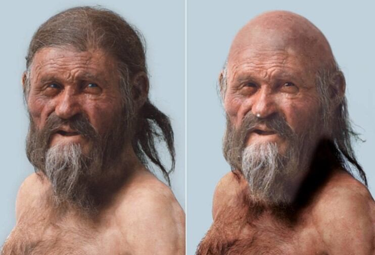 A la izquierda, la primera representación de Ötzi; a la derecha, la nueva imagen según revelaron los últimos análisis.