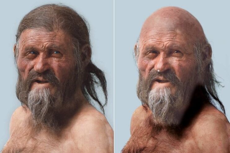 A la izquierda, la primera representación de Ötzi; a la derecha, la nueva imagen según revelaron los últimos análisis.