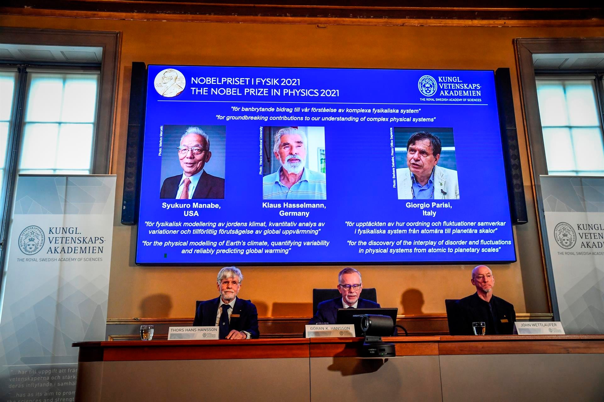 Los premiados fueron el el nipo-estadounidense Syukuro Manabe, el alemán Klaus Hasselmann y el italiano Giorgio Parisi.