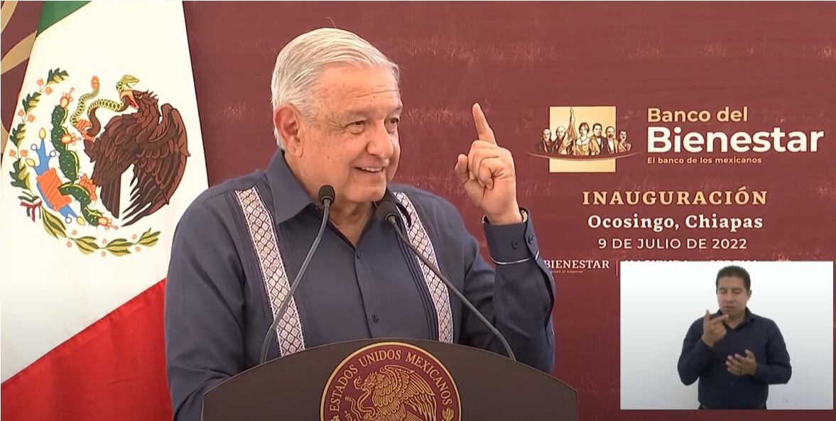 El presidente López obrador al inaugurar el Banco de Beienestar en Ocosingo. Fuente: captura de transmisión del discurso. 