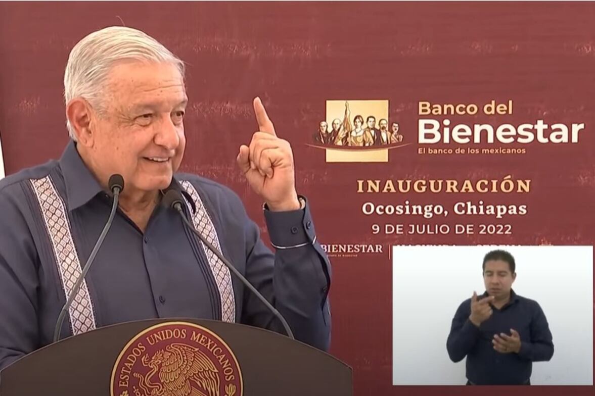 El presidente López obrador al inaugurar el Banco de Beienestar en Ocosingo. Fuente: captura de transmisión del discurso.
