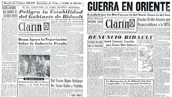 Las tapas del diario Clarín del 24 y 25 de junio de 1950. Ni una noticia del Mundial de Brasil.