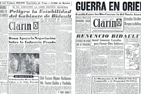 Las tapas del diario Clarín del 24 y 25 de junio de 1950. Ni una noticia del Mundial de Brasil.
