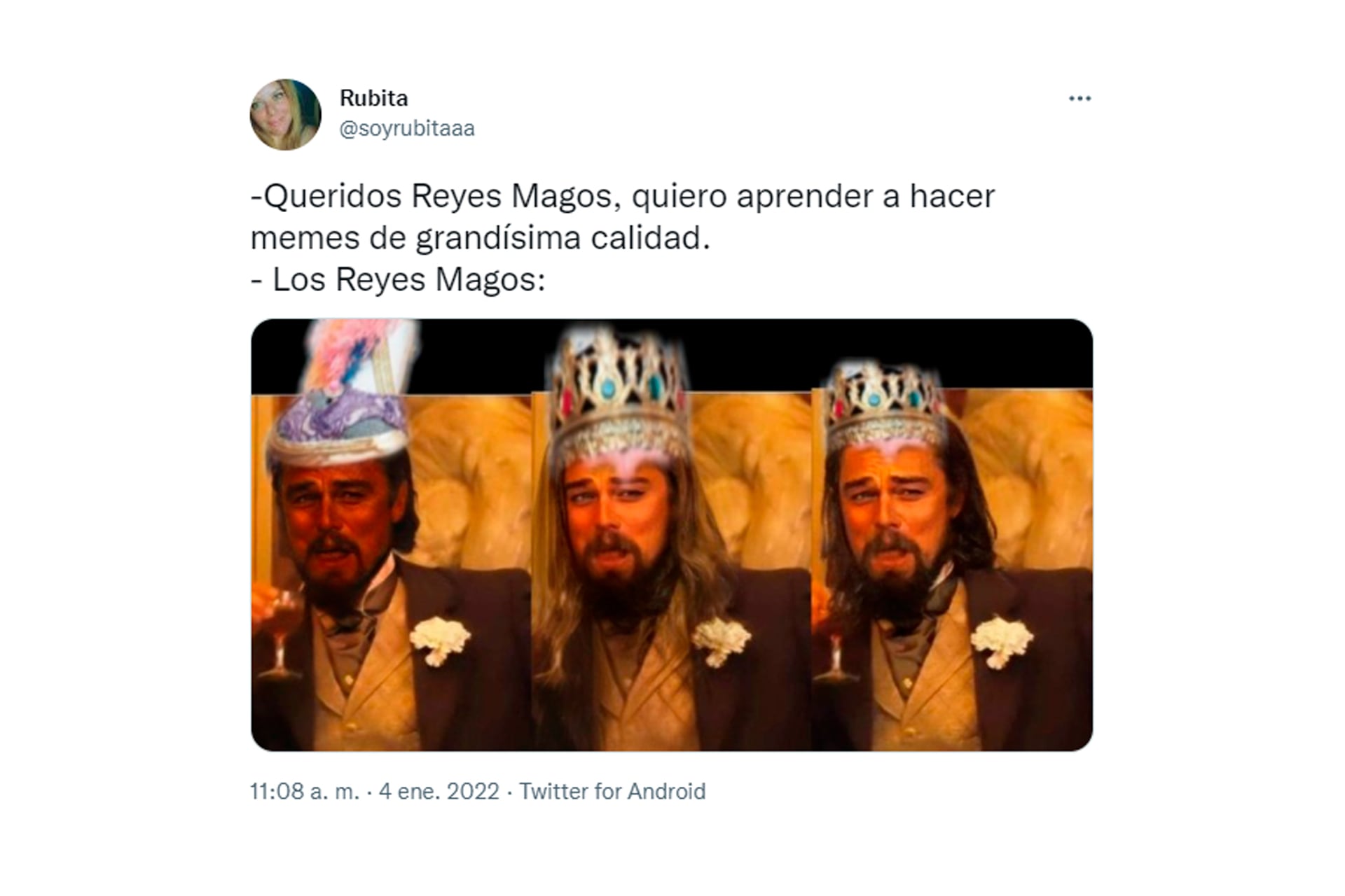 El meme de Leo Di Caprio dijo presente el día de los Reyes Magos: "Quiero aprender a hacer memes de calidad" (Crédito: @SoyRubitaaa)