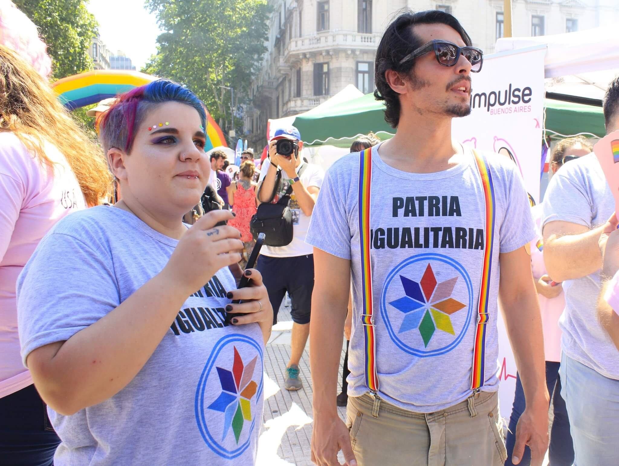 Sol Guasch Cherot, Vicepresidenta de Patria Igualitaria, Responsable territorial de Patria Igualitaria San Martín. Y Pablo Eva Daniel Larrosa Marcilio, Coordinador General de Diversidades y Disidencias de San Martín, Presidente de Patria Igualitaria.