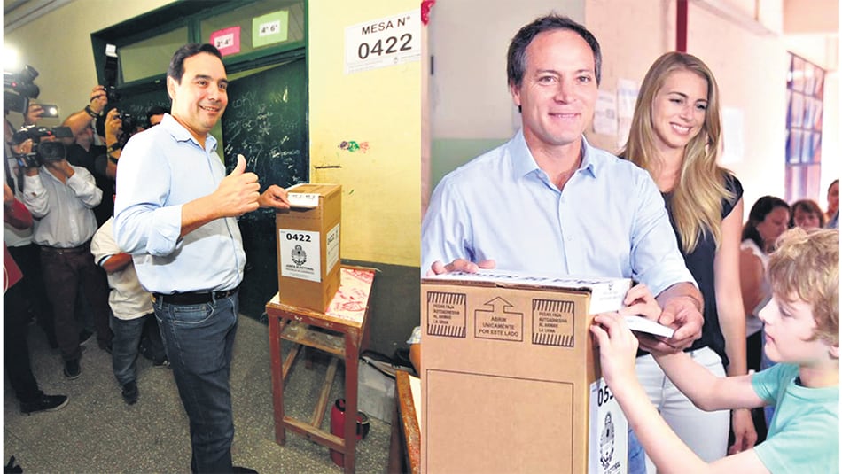 Los candidatos, a la hora de votar: el oficialista Gustavo Valdés y Carlos “Camau” Espínola, junto a su esposa y su hijo.
