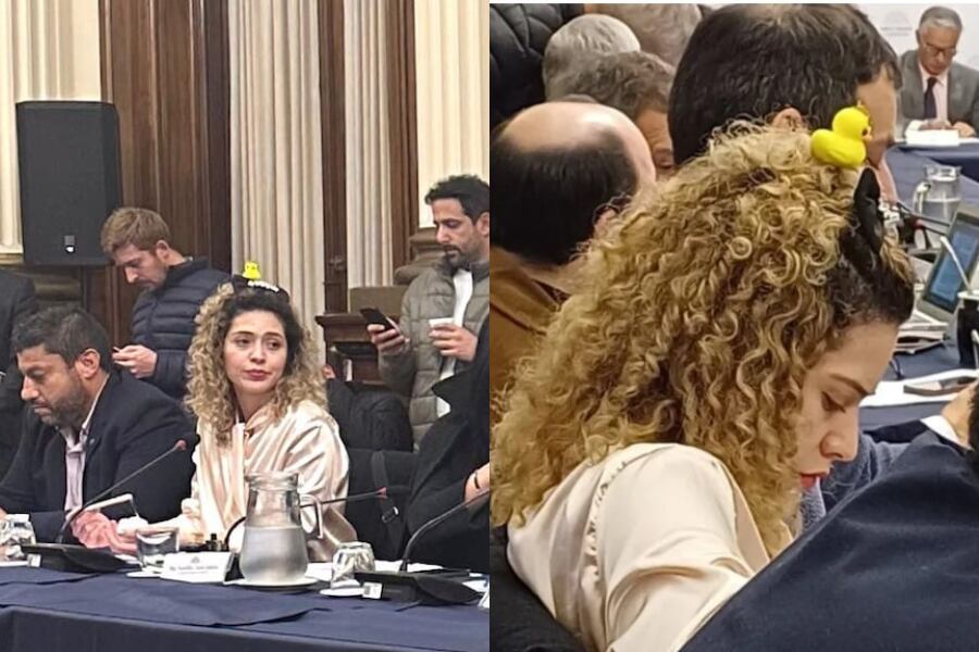 Lourdes Arrieta con el popular patito amarillo sobre la cabeza.