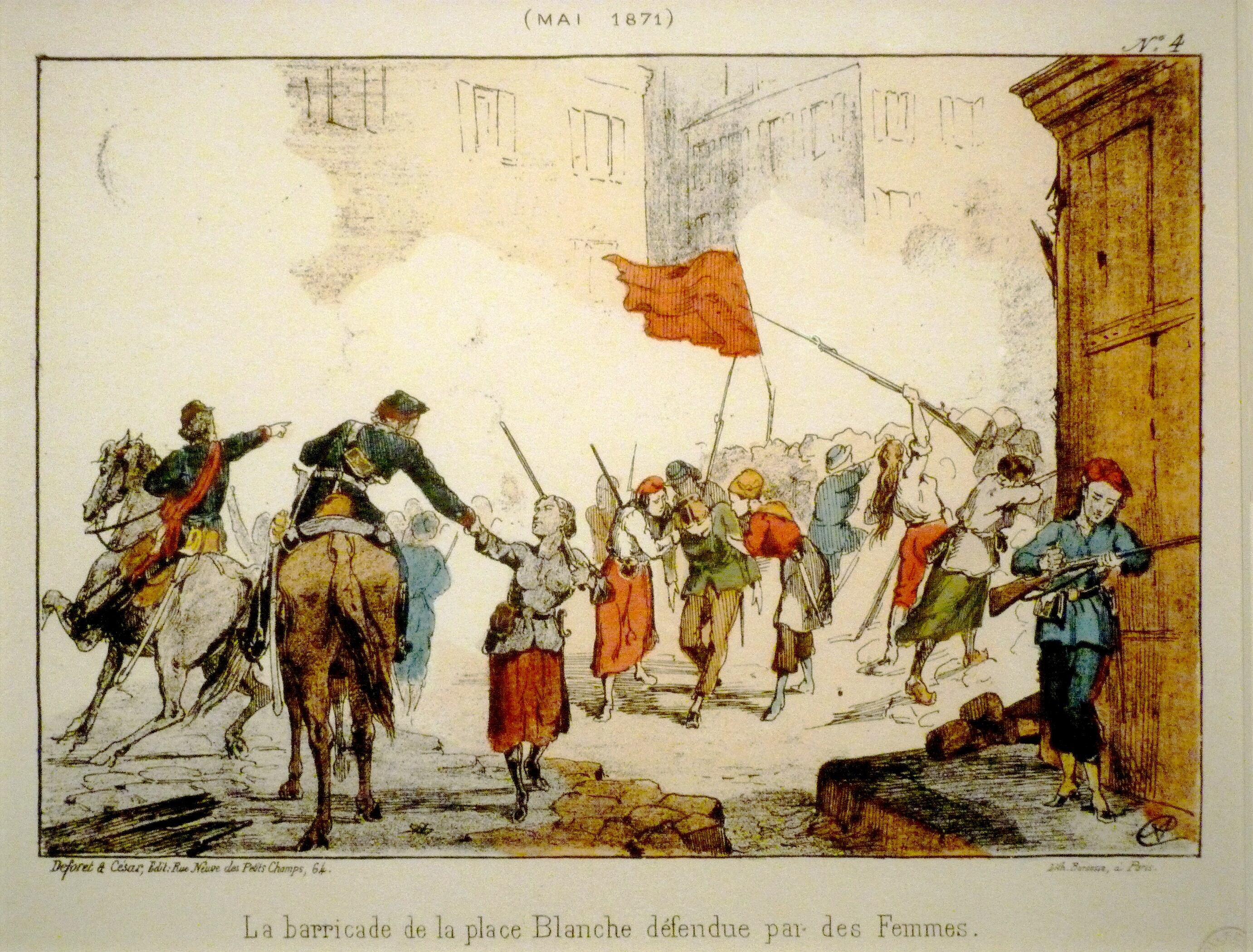 La barricada de la Place Blanche defendida por mujeres, litografía de Hector Moloch