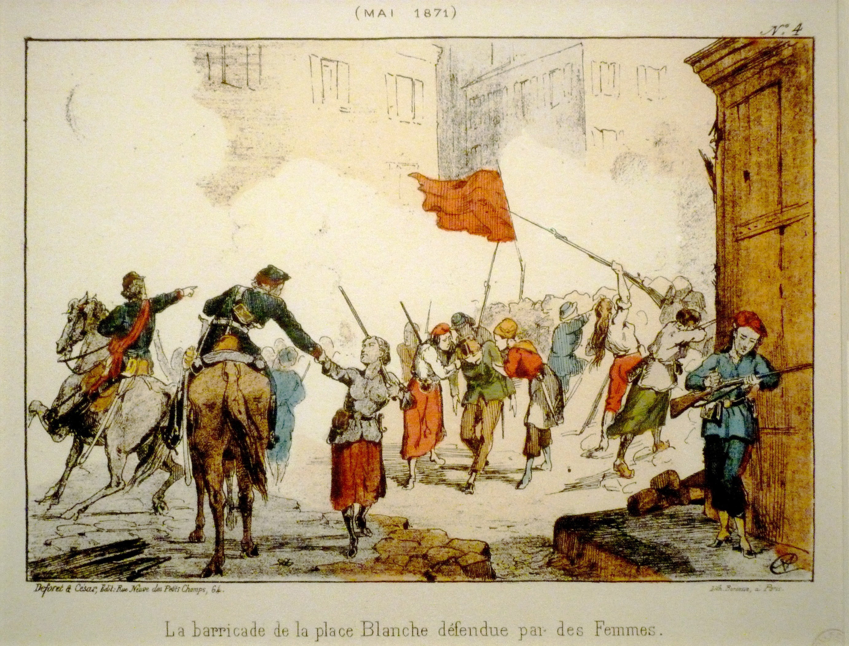 La barricada de la Place Blanche defendida por mujeres, litografía de Hector Moloch