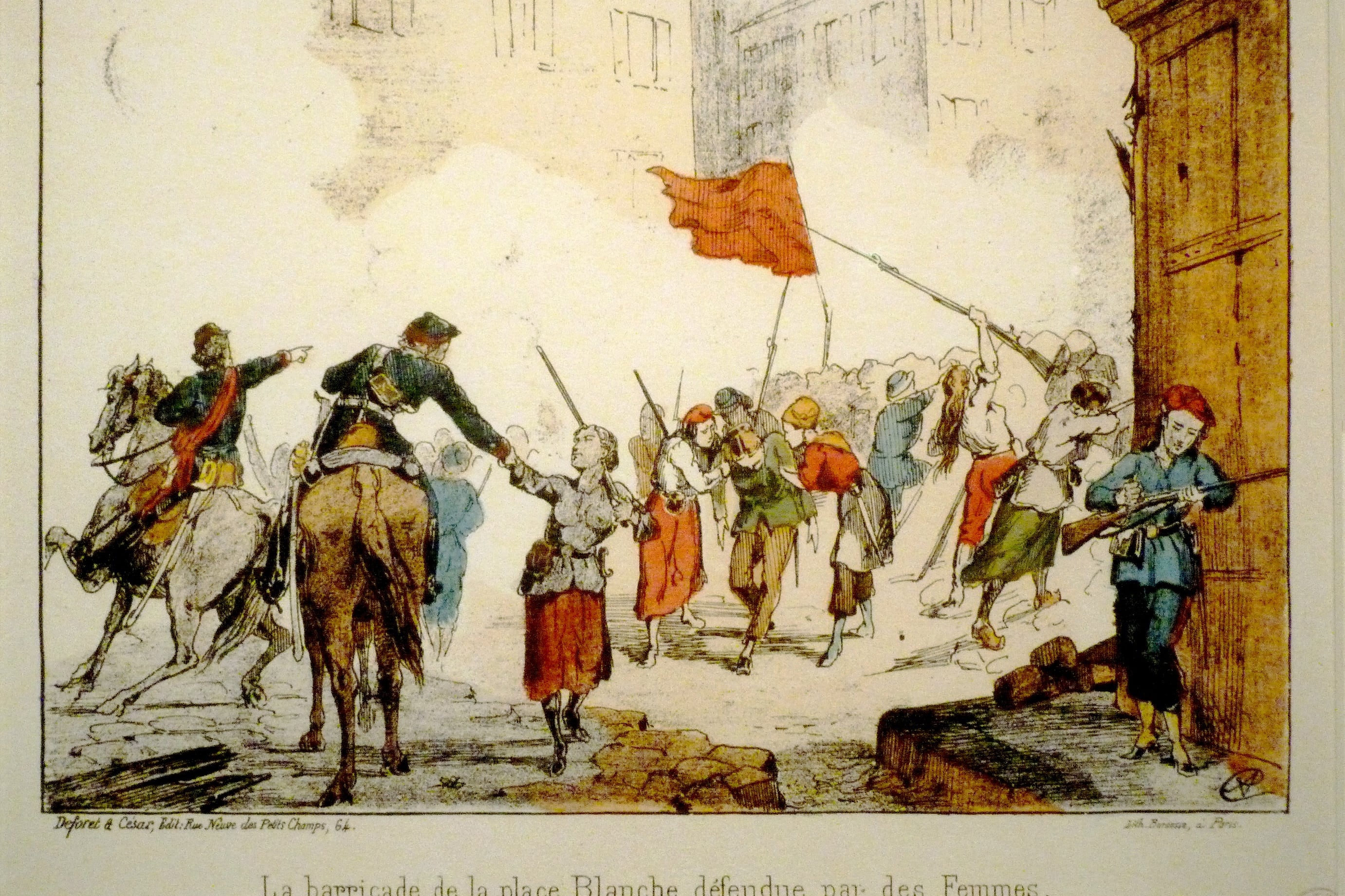 La barricada de la Place Blanche defendida por mujeres, litografía de Hector Moloch