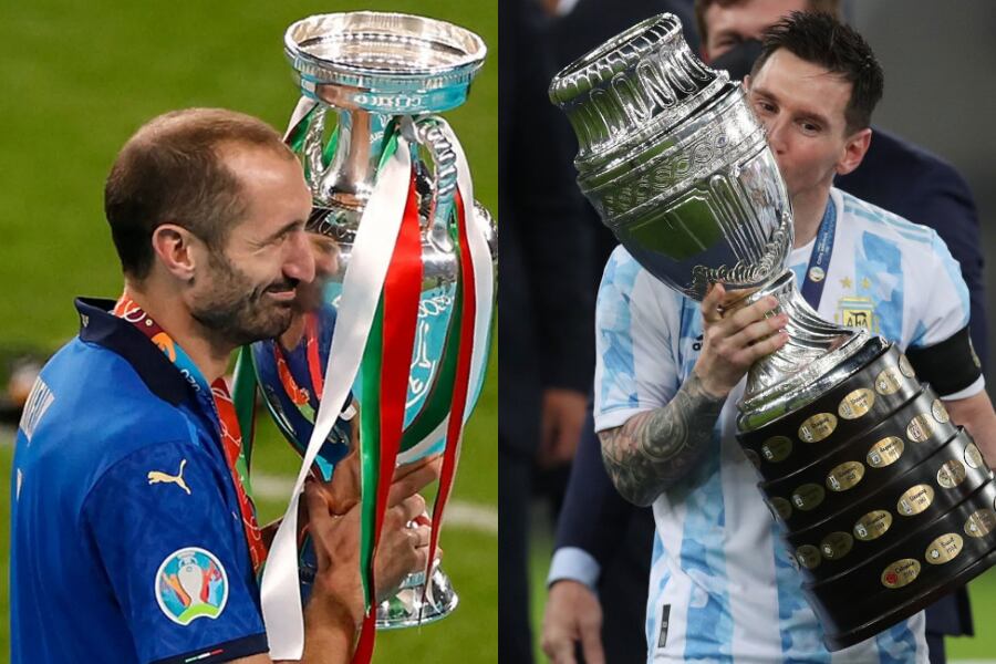 Giorgio Chiellini y Lionel Messi (EFE), los capitanes de ambas selecciones, con los trofeos de la Eurocopa y la Copa América. 