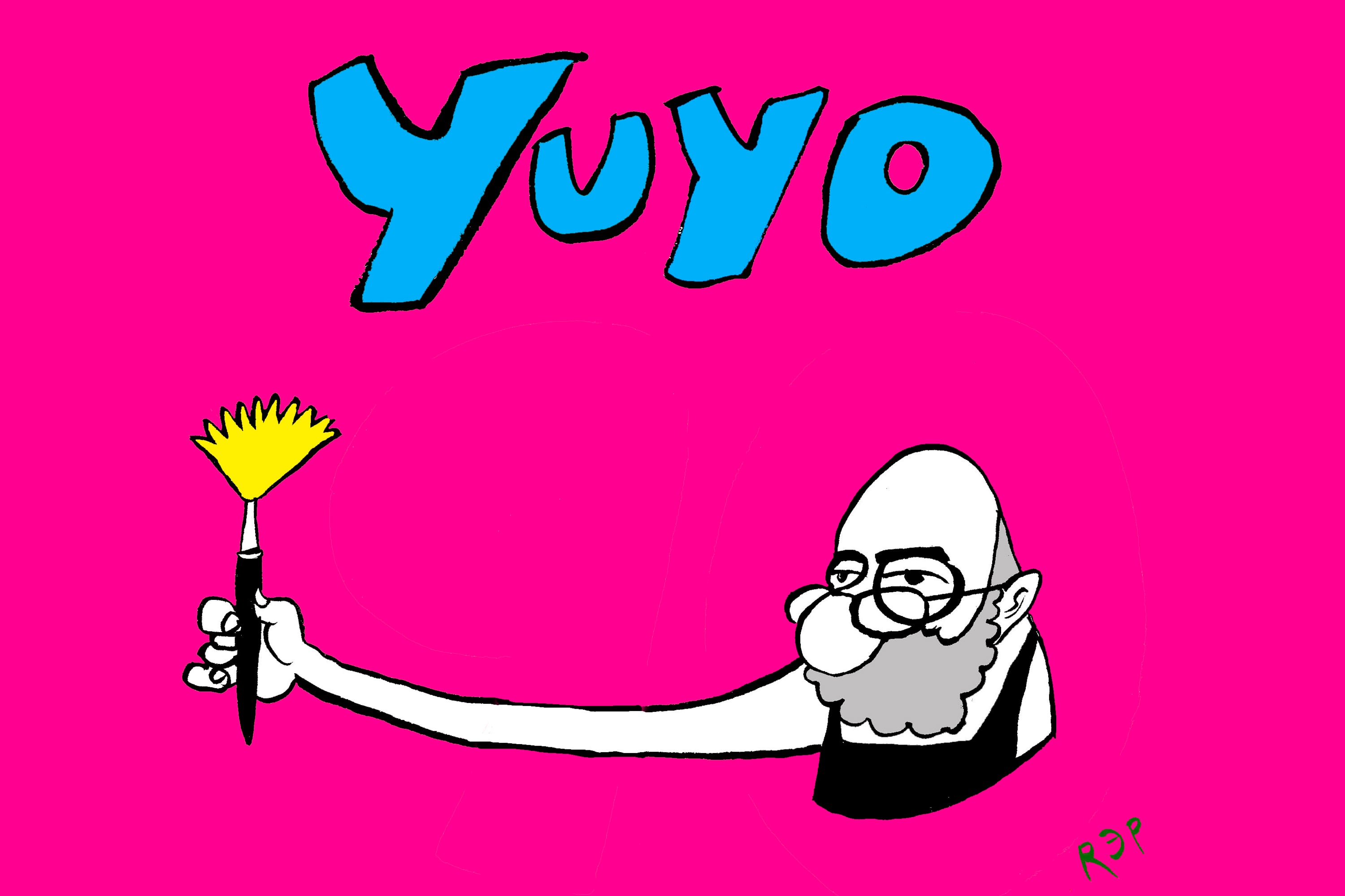 Yuyo Noé al lado de una de sus obras. Abajo: "Enredados" (2015) pintura de Noé.