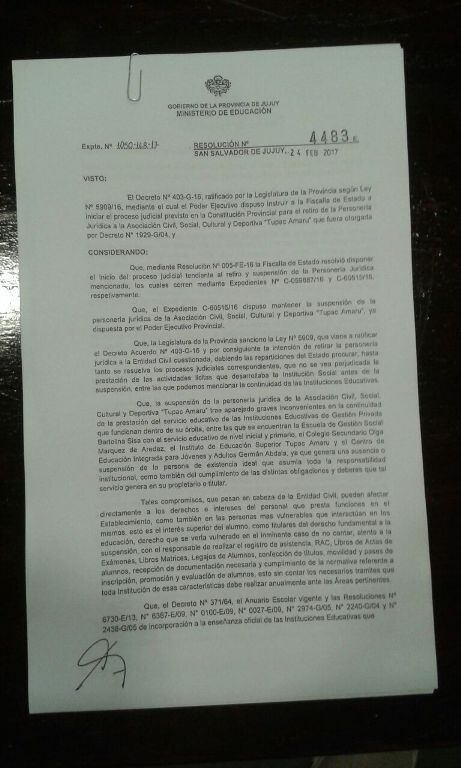 La resolución que avala el traspaso de las escuelas de la Tupac.