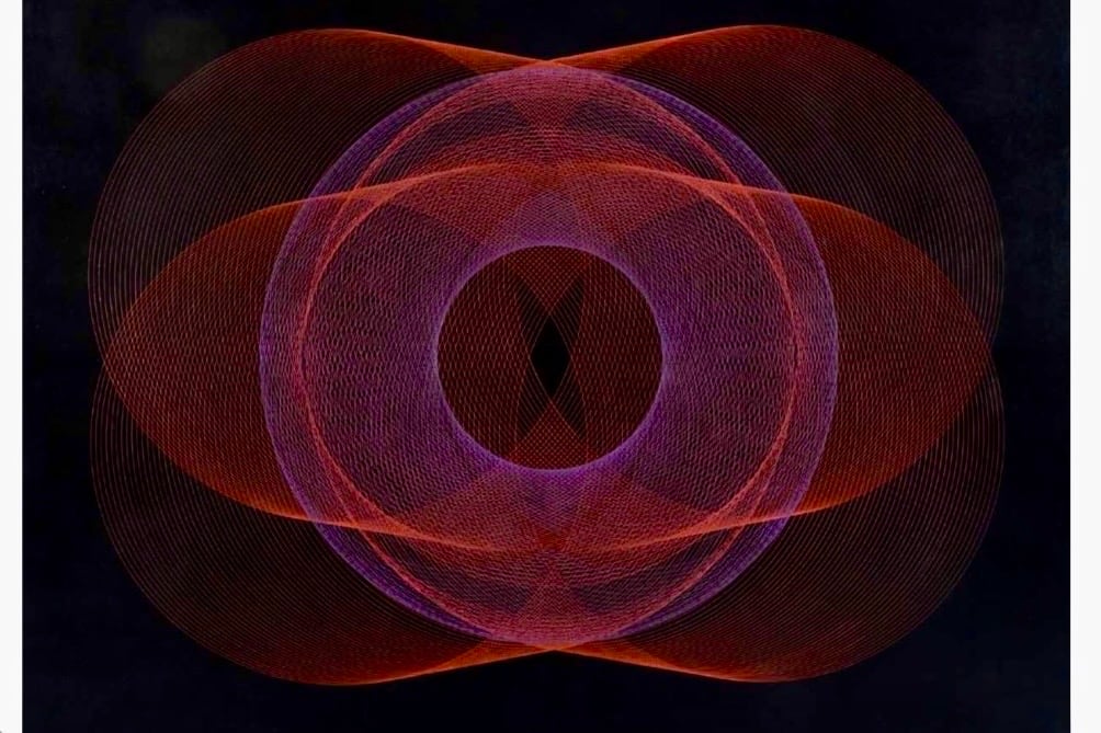 “Forma generada en 3 ejes”, óleo de E. Mac Entyre, ca. 1962; 170 x 220 cm. Abajo:“Pintura generativa”, óleo de Miguel Angel Vidal, realizado en 1960.