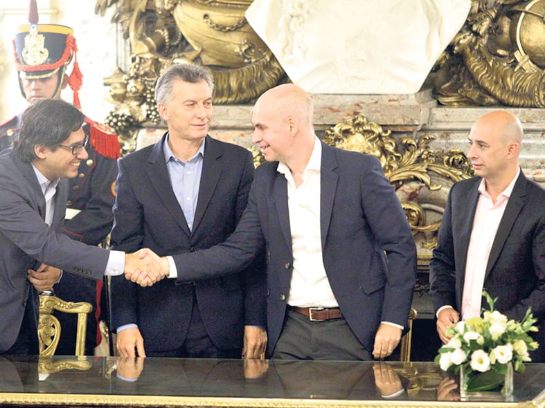 Germán Garavano, Mauricio Macri, Horacio Rodríguez Larreta y Martín Ocampo, en el acto en el Salón Blanco.
