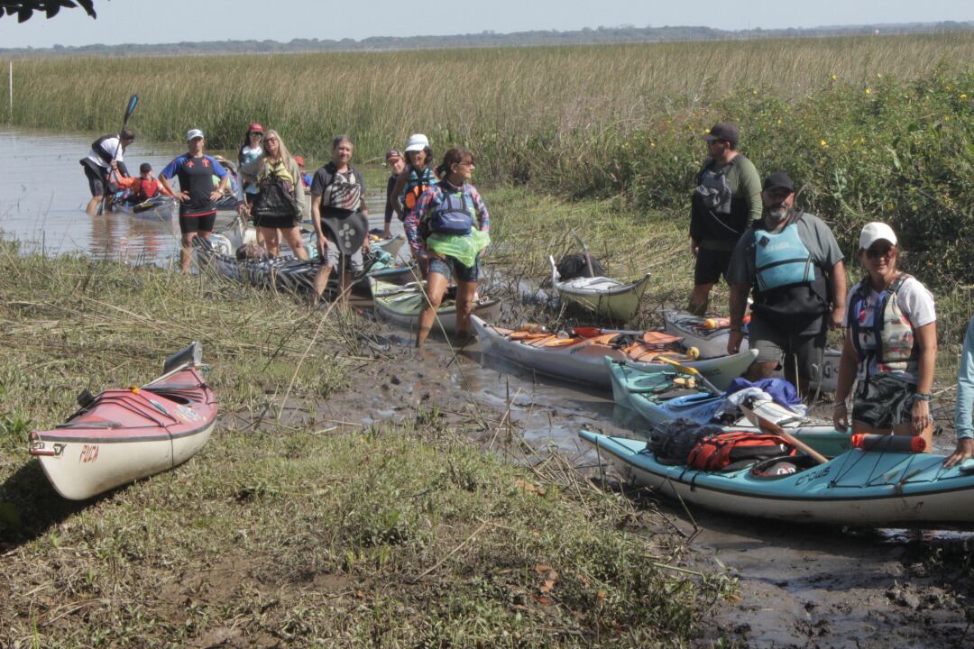 Llegada de una de las Tribus de kayakistas a La Marea 2025 en la Isla Martín García. 