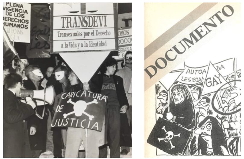 Izq. Karina Urbina en la Primera Marcha del Orgullo - Fondo Crónica | Der. Karina Urbina caricaturizada por Cuneo en Revista Humor Julio de 1992