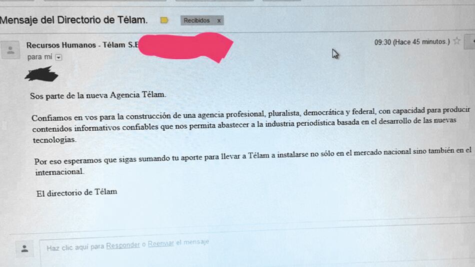 Este es el mail que recibieron los trabajadores de Télam que no fueron despedidos.