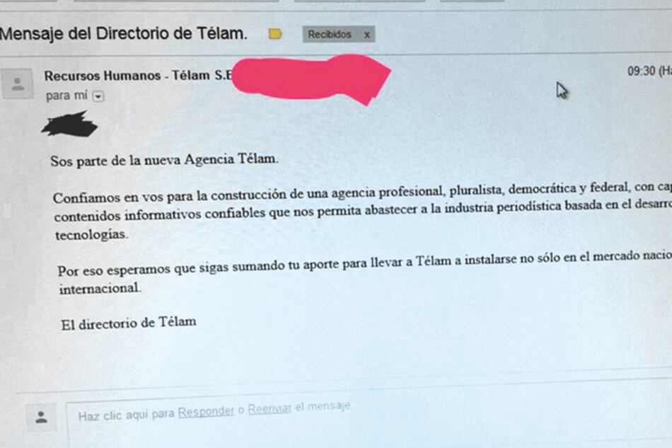 Este es el mail que recibieron los trabajadores de Télam que no fueron despedidos.