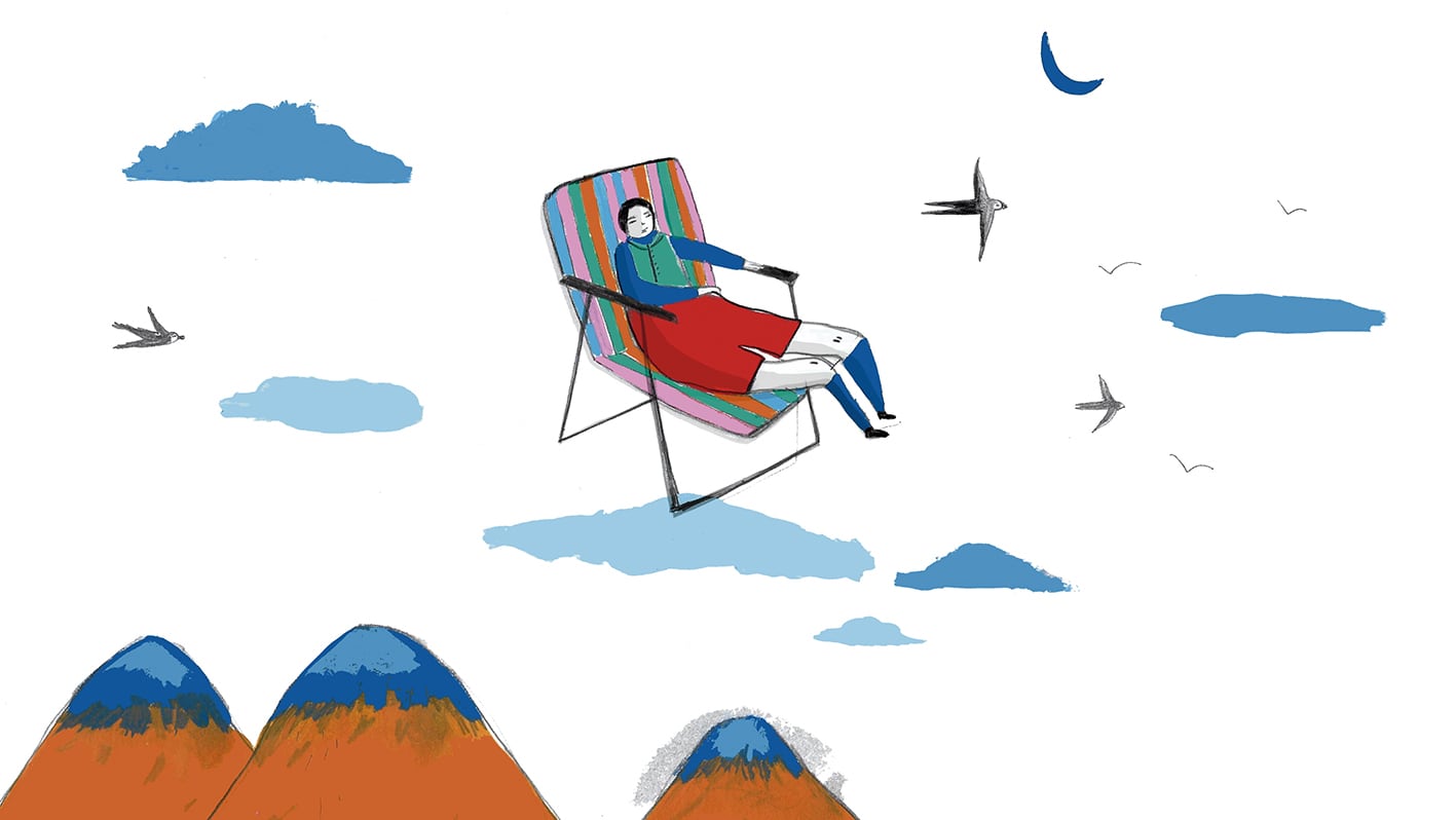 Una escena del cuento "Fabricio y su reposera mágica"