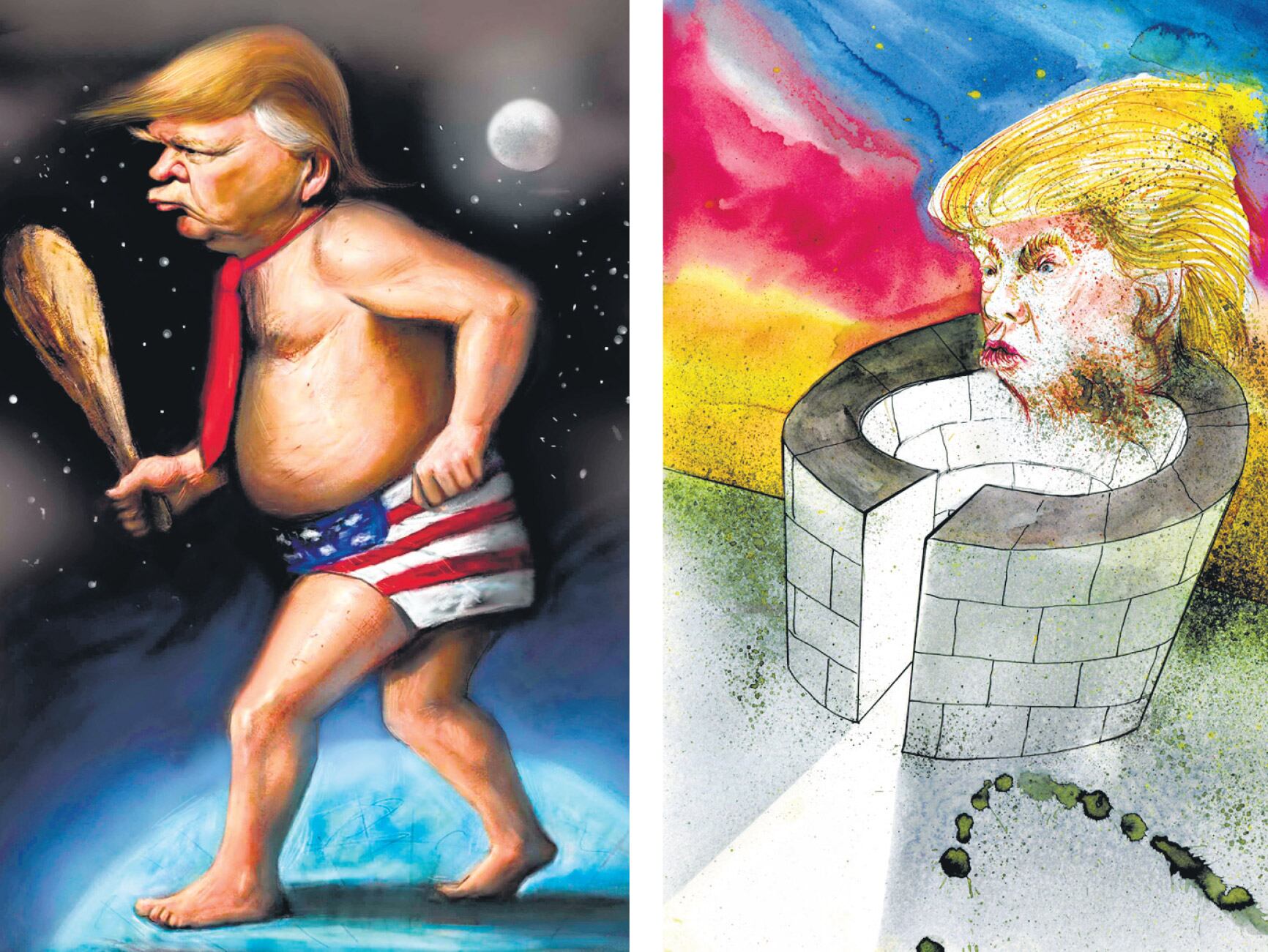 Palos y muros: Trump según los ilustradores Ricardo Aljer (izq.) y Mariano Lucano.